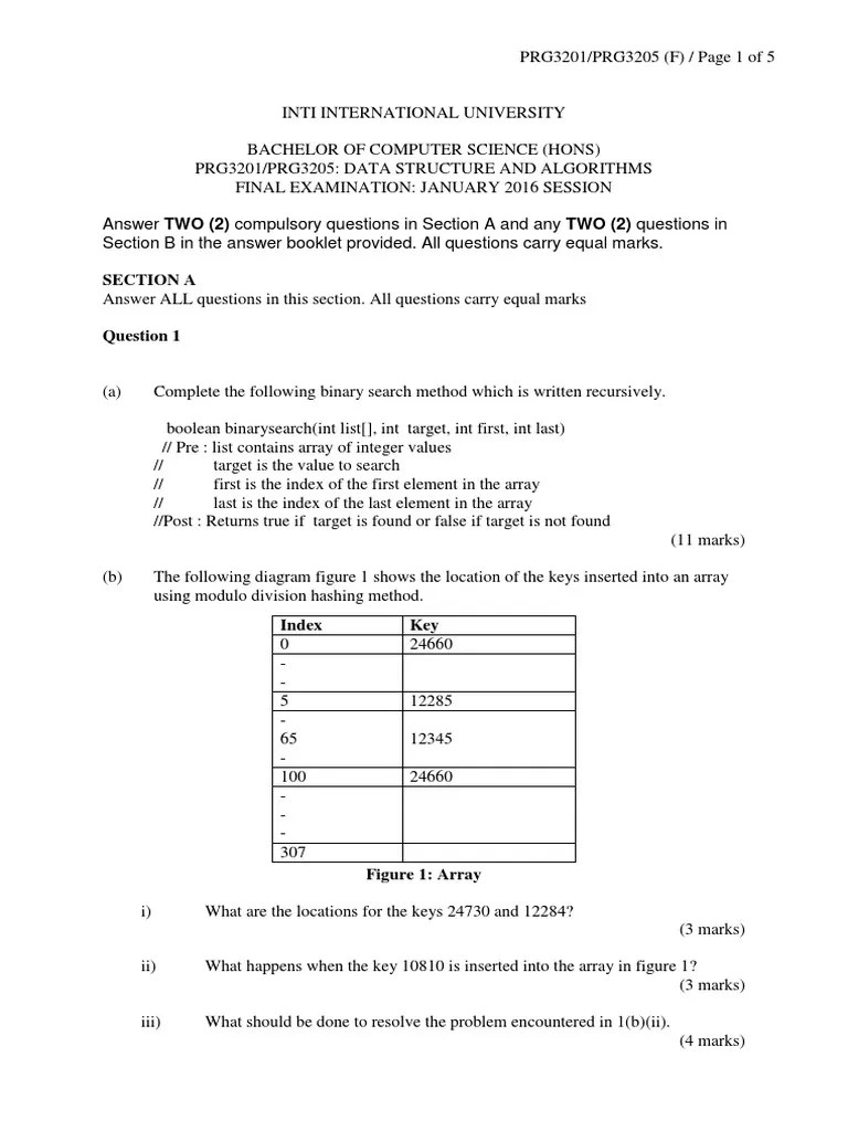 Data Structures And Algorithms: Final Examination Questions Covering ...