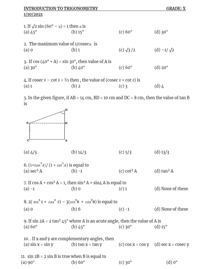 Trigonometry - Grade X - MCQ | PDF