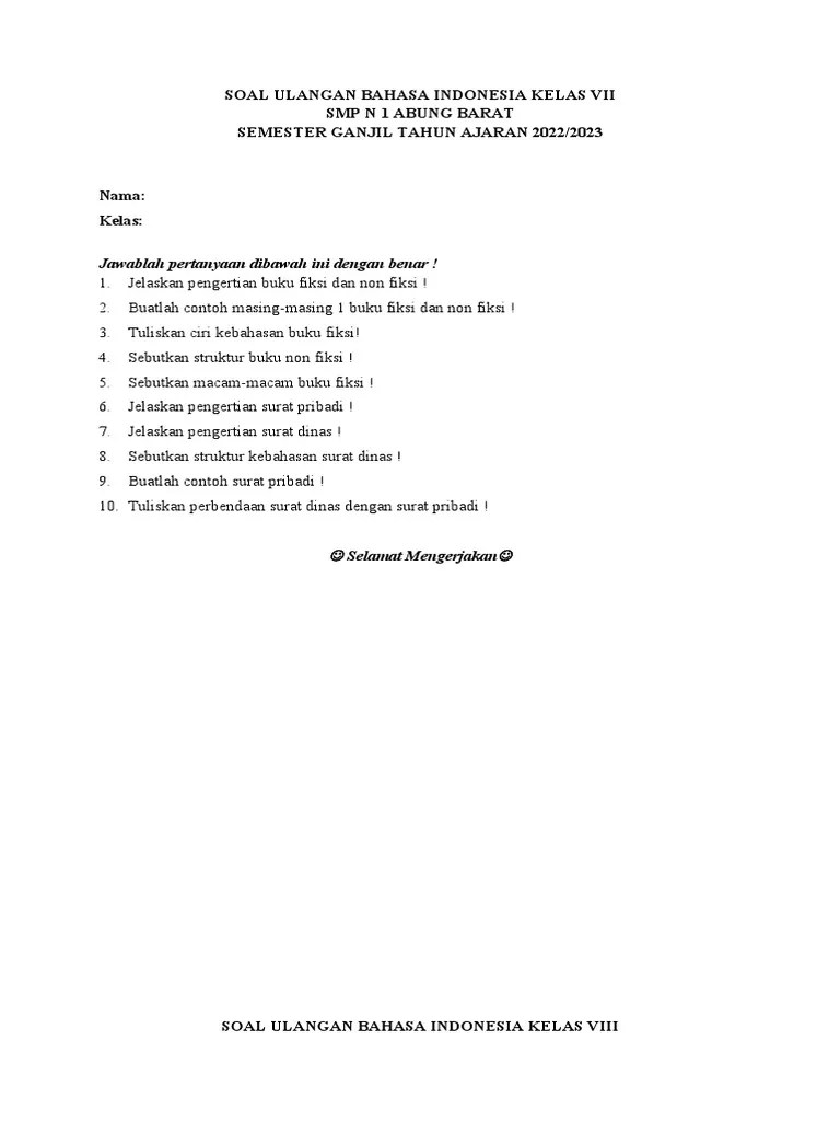 SOAL ULANGAN BAHASA INDONESIA KELAS VII | PDF