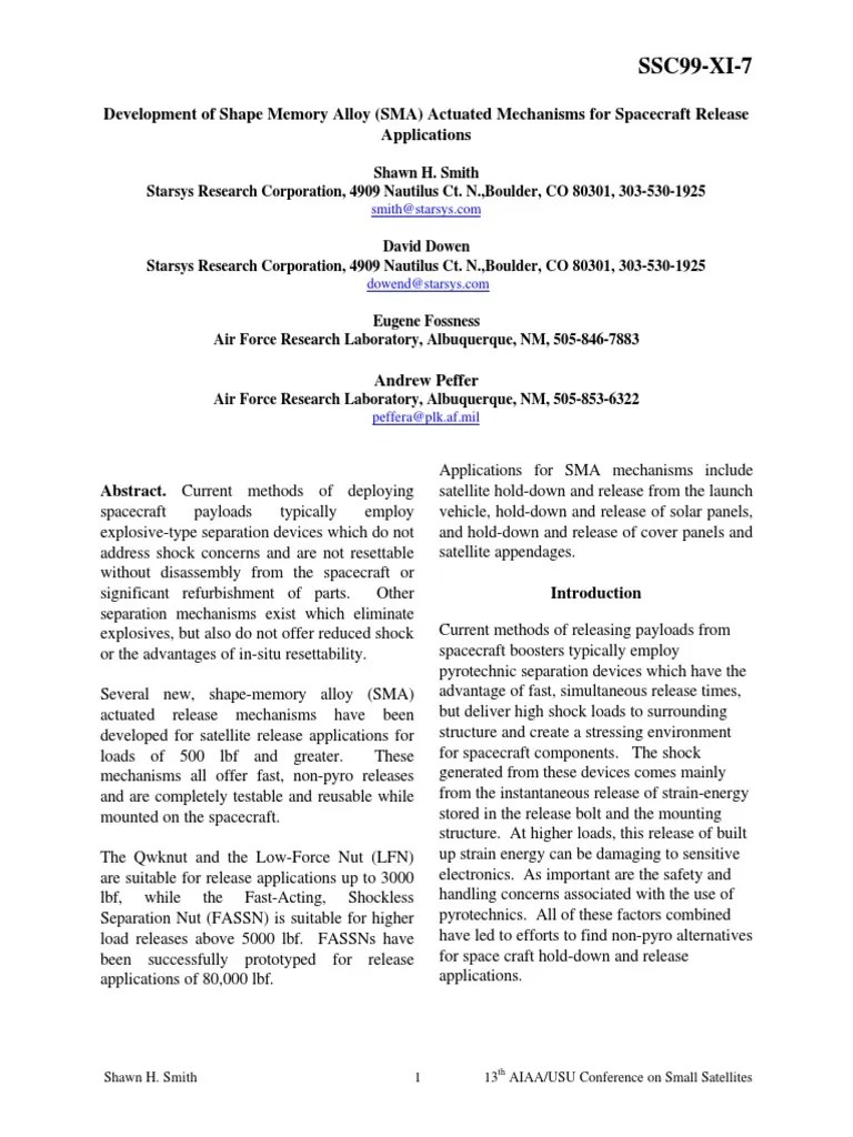 Development Of Shape Memory Alloy (SMA) Actuated Mechanisms For S | PDF | Shape Memory Alloy ...