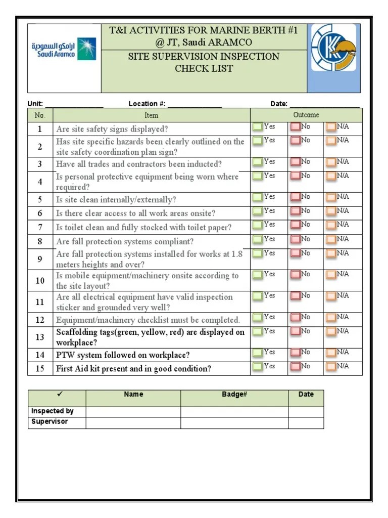 Site Supervisor Inspection Checklist | PDF