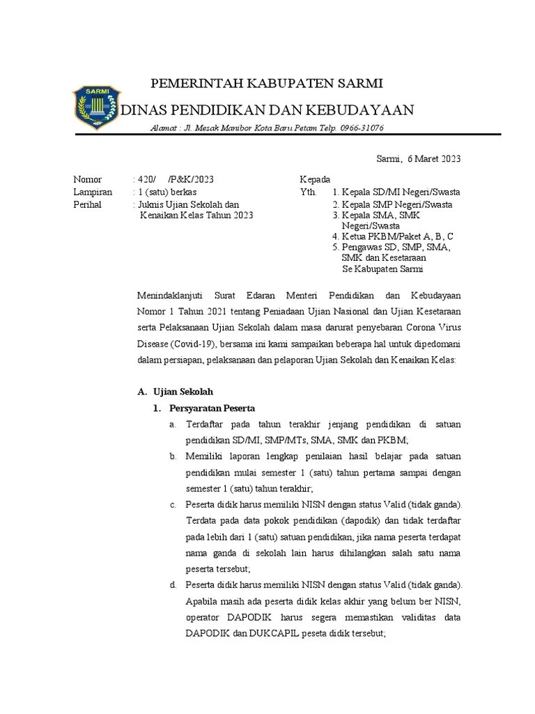 Juknis Ujian Sekolah Tahun 2023 | PDF