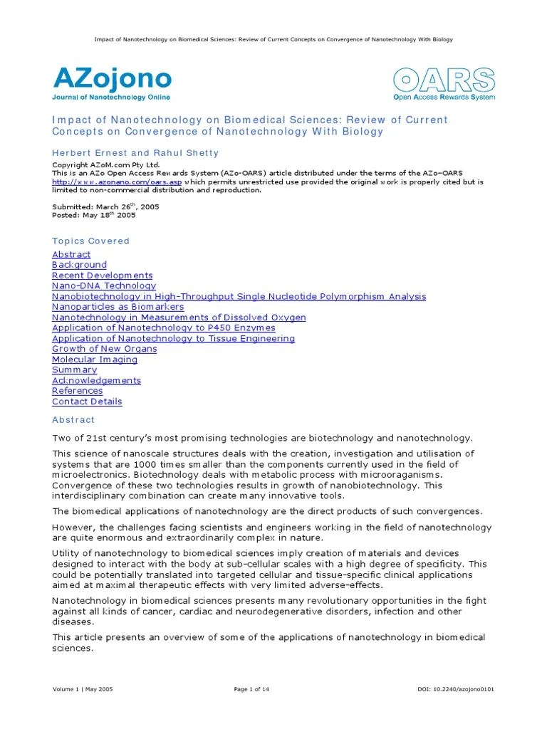 Impact Of Nanotechnology On Biomedical Sciences Review Of Current ...