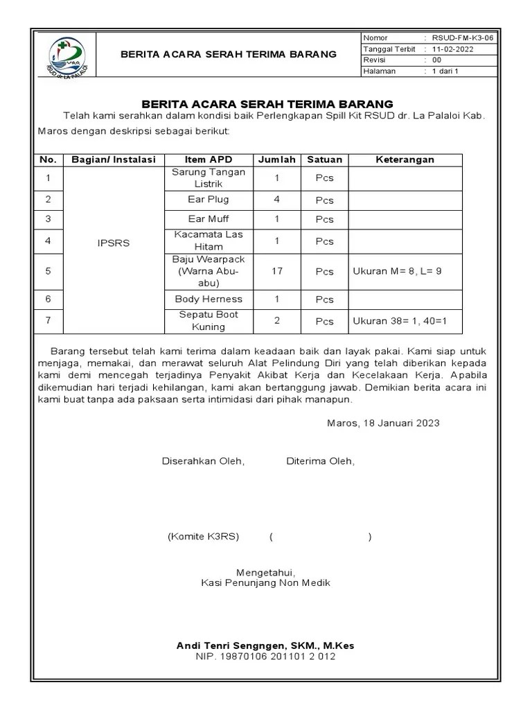 SERAH TERIMA ALAT PELINDUNG DIRI | PDF