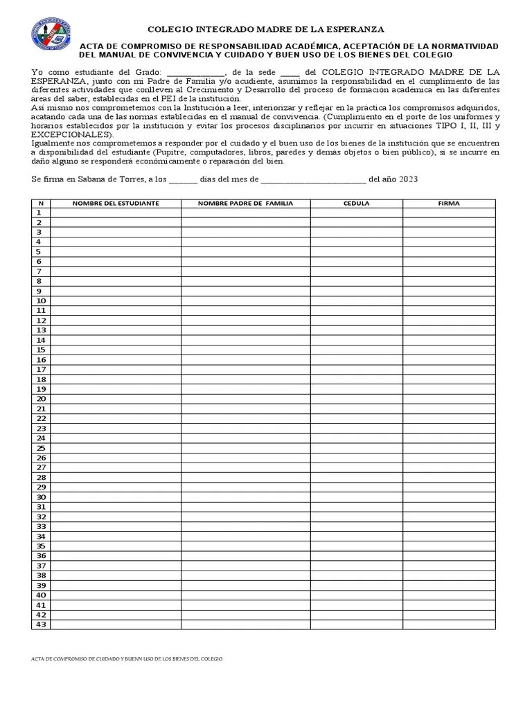 Acta De Compromiso Inicio Año Escolar De Responsabilidad Academica 2023 | PDF