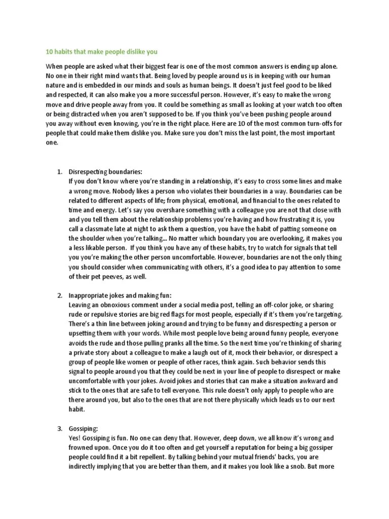 10 Habits That Make People Dislike You | PDF | Mind