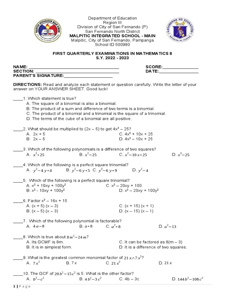 Math 8 First Quarterly Exam 2022 2023 | PDF | Cartesian Coordinate System | Factorization