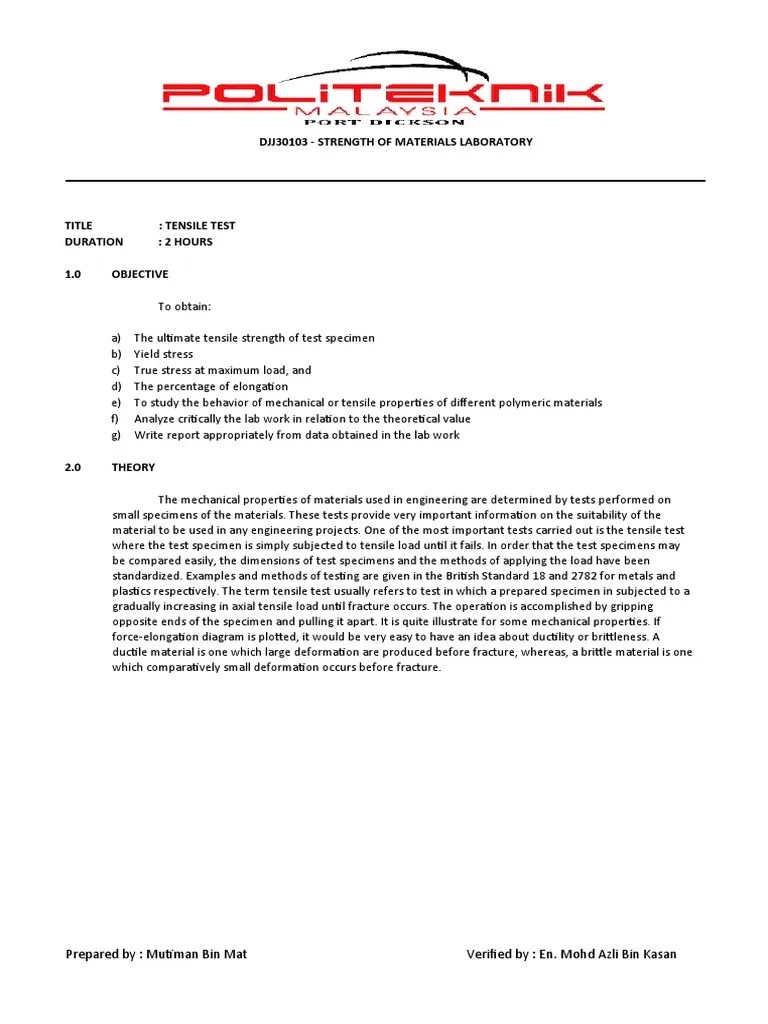Report Tensile Test - (F2054) | PDF | Ultimate Tensile Strength ...