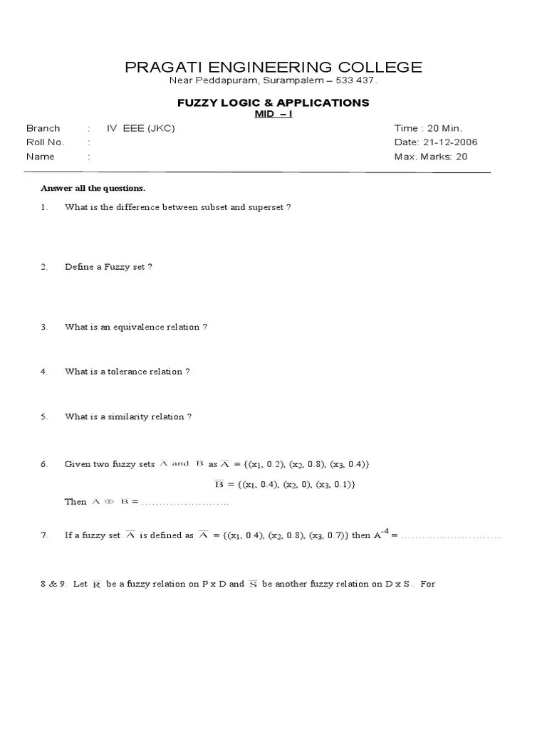 Fuzzy Logic & Applications Unit Test - 1 (JKC) | PDF