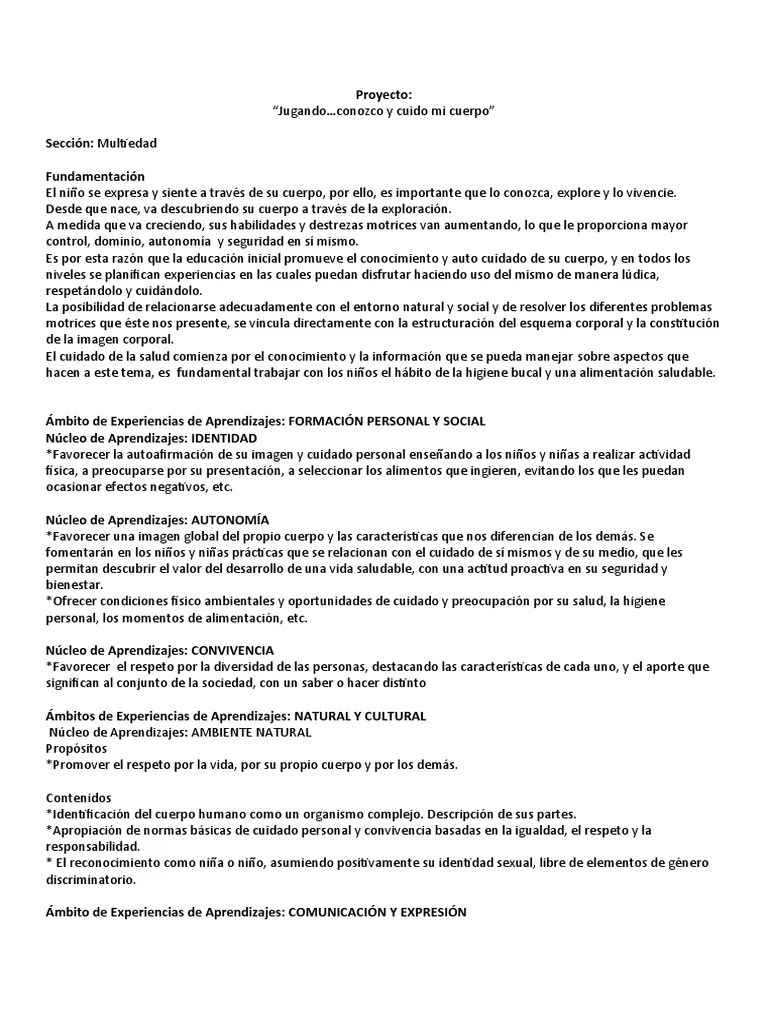 Proyecto Jugando Conozco Y Cuido Mi Cuerpo | PDF | Educación De La ...