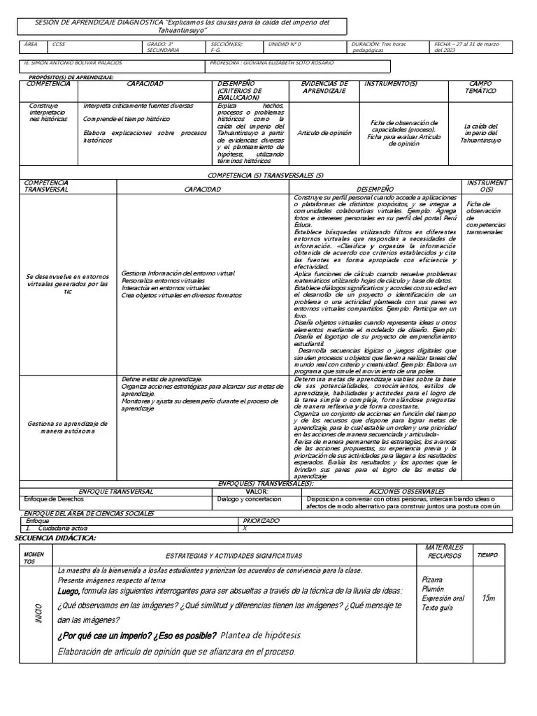 Sesion De Aprendizaje Diagnostica CCSS 3 | PDF | Aprendizaje | Cognición