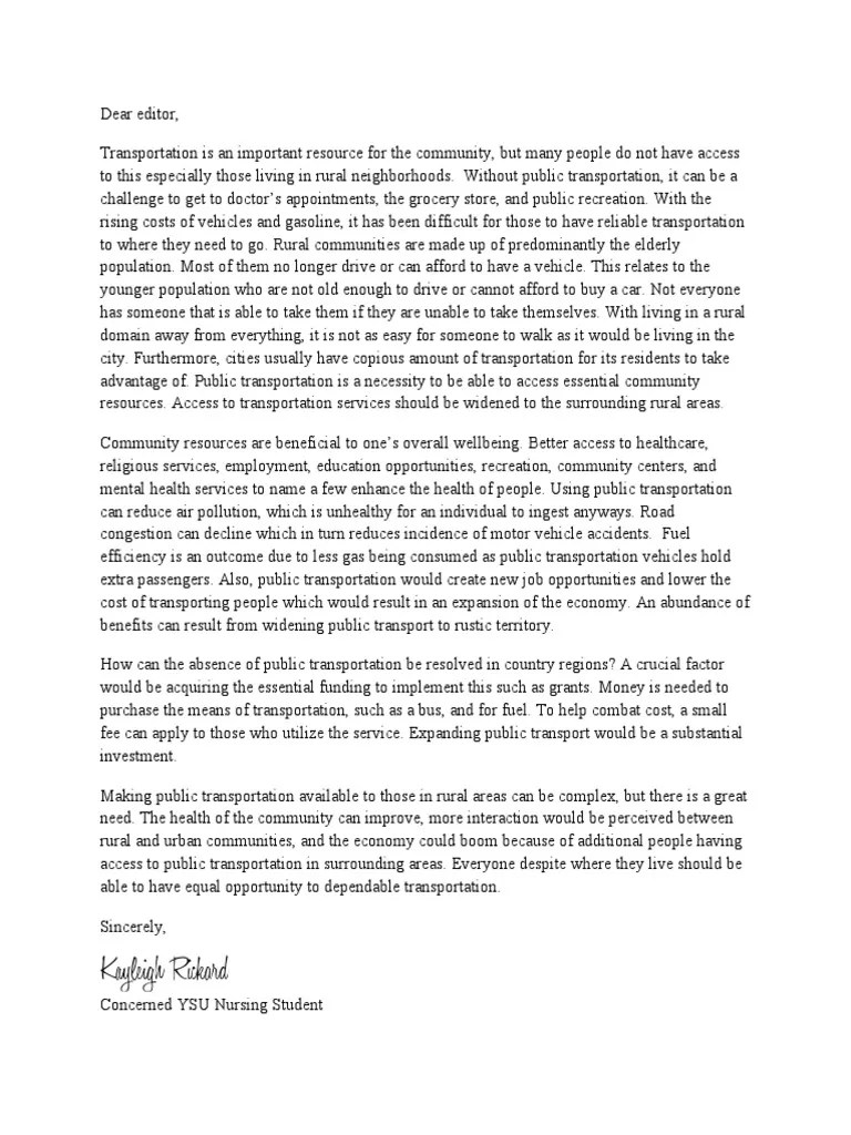 Inadequate Public Transportation Letter To The Editor | PDF | Transport | Public Transport