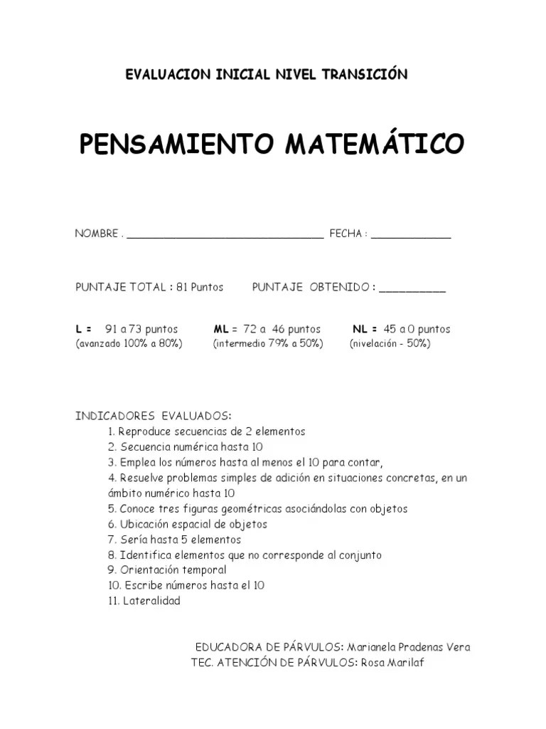 ANEXO 1.1 EVALUACION Inicial Matematicas | PDF
