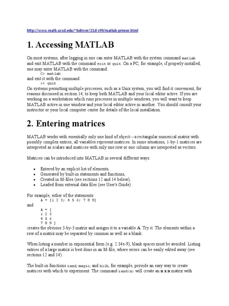 Matlab Primer | PDF | Matrix (Mathematics) | Matlab