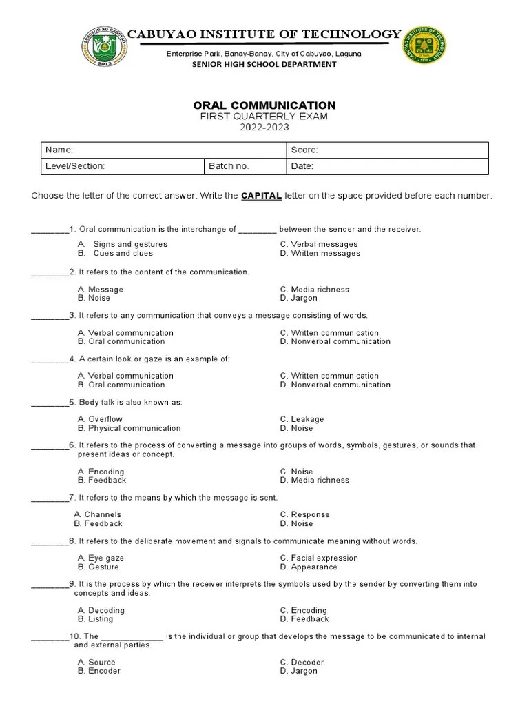 Quarterly Exam In Oral Communication | PDF | Communication | Nonverbal ...