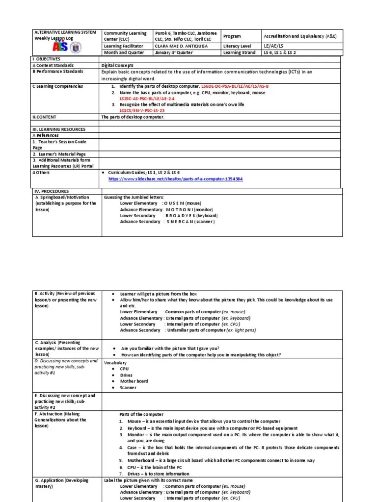 Exploring The Basic Parts And Functions Of Desktop Computers: An Alternative Learning System ...