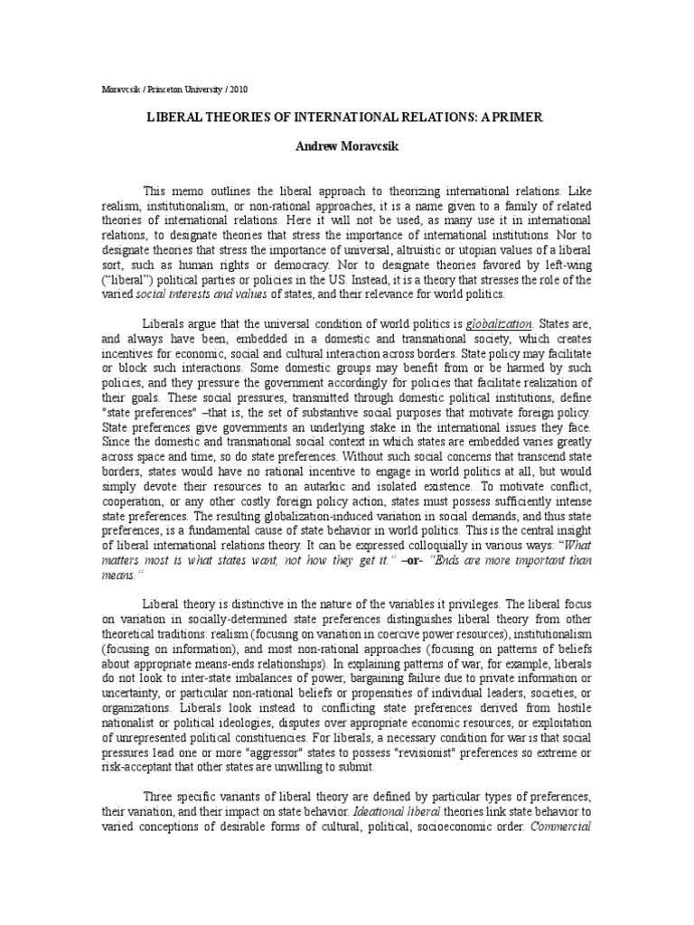 Liberal Theories Of International Relations - A Primer | PDF | Liberalism | Power (Social And ...