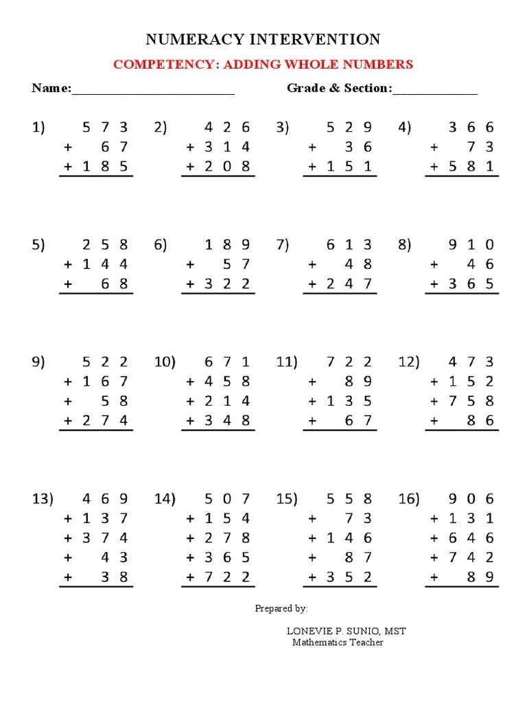 Adding Whole Numbers 3 | PDF
