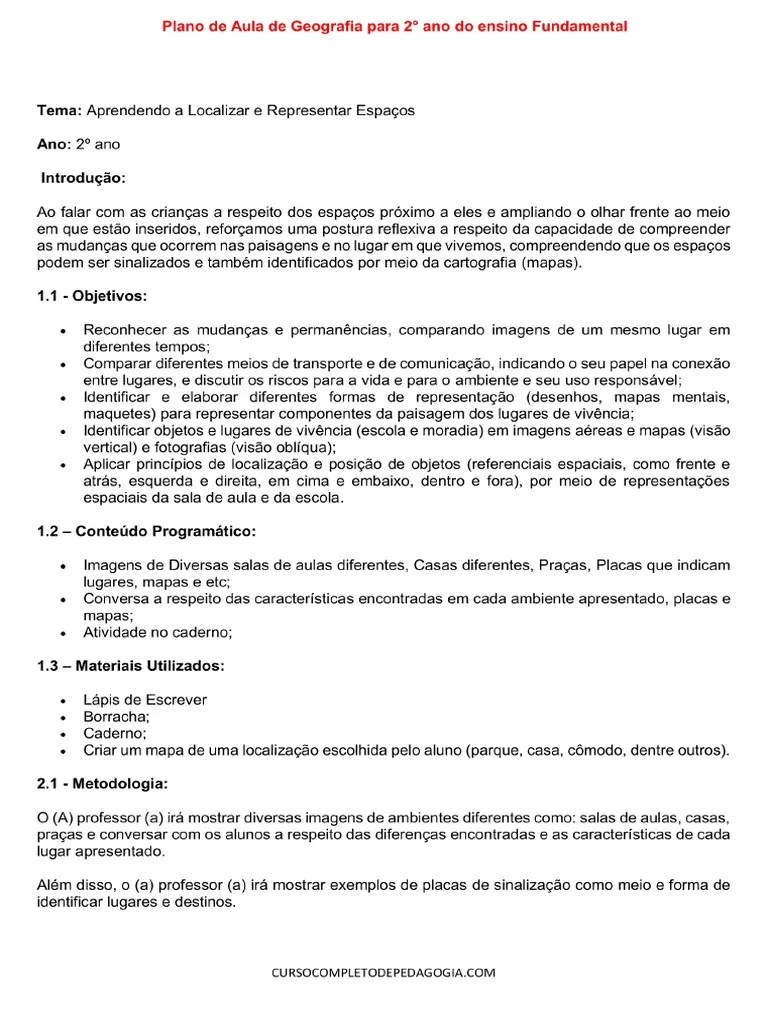 Plano De Aula De Geografia Para 2° Ano Do Ensino Fundamental | PDF
