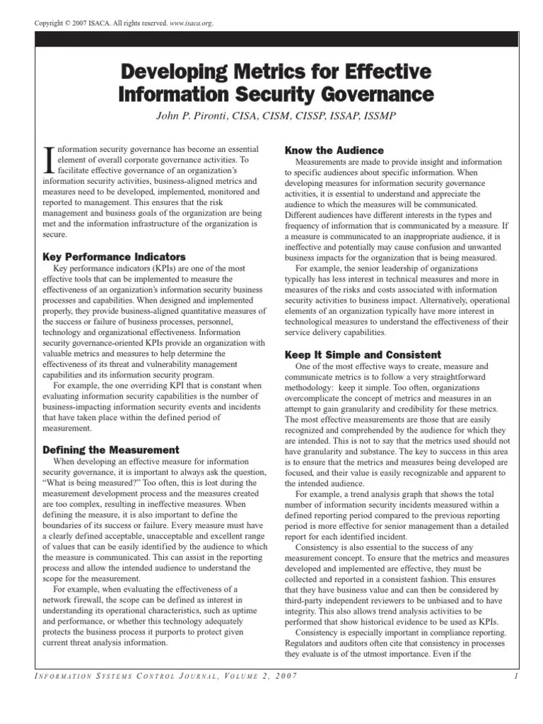 Developing Metrics For Effective Security Governance | PDF