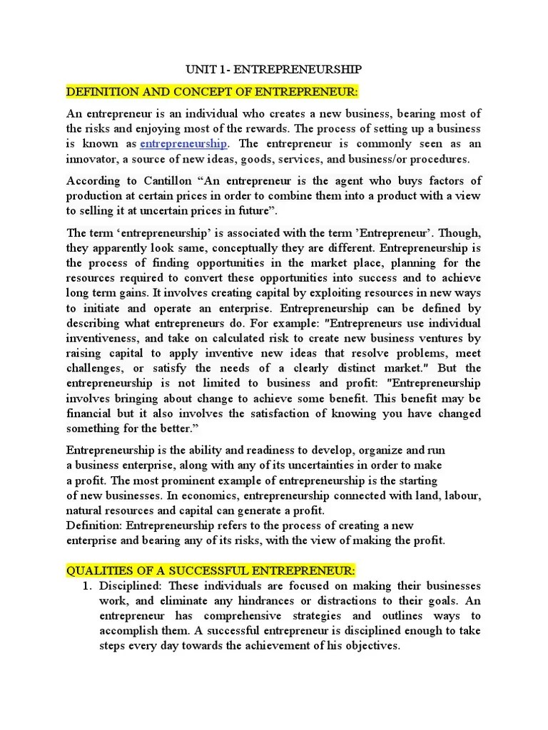 UNIT 1 Entrepreneurship | PDF | Entrepreneurship | Startup Company
