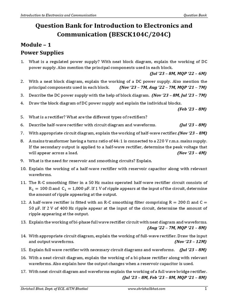 Introduction To Electronics And Communication (BESCK104C/BESCK204C) - Question Bank - VTU | PDF ...
