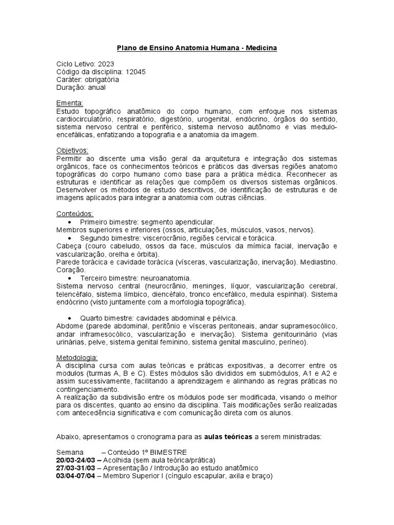 Plano De Ensino Anatomia Humana 2023 | PDF | Sistema Nervoso Central | Anatomia