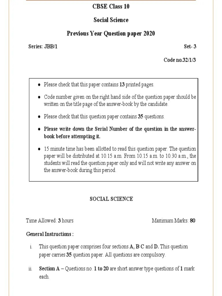 CBSE Previous Year Question Papers Class 10 Social Science With ...