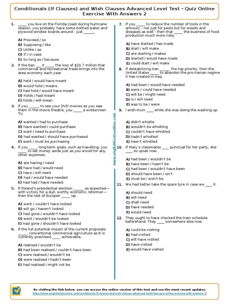 352 - Conditionals If Clauses And Wish Clauses Advanced Level Test Quiz Online Exercise With ...