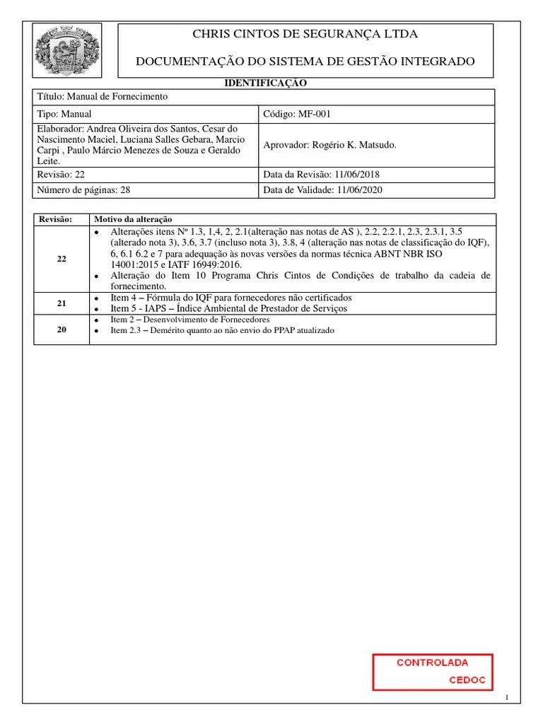 Manual De Fornecimento CHRIS CINTOS - Revisão 22 - OFICIAL | PDF | ISO ...
