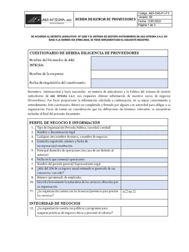 Formato De Debida Diligencia De Proveedores | PDF