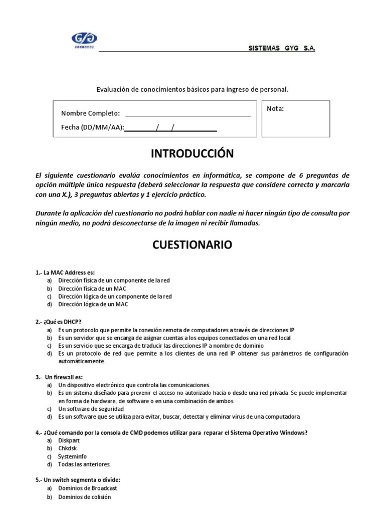 Prueba Básica De Conocimientos Analista De Infraestructura | PDF | Red De Computadoras ...
