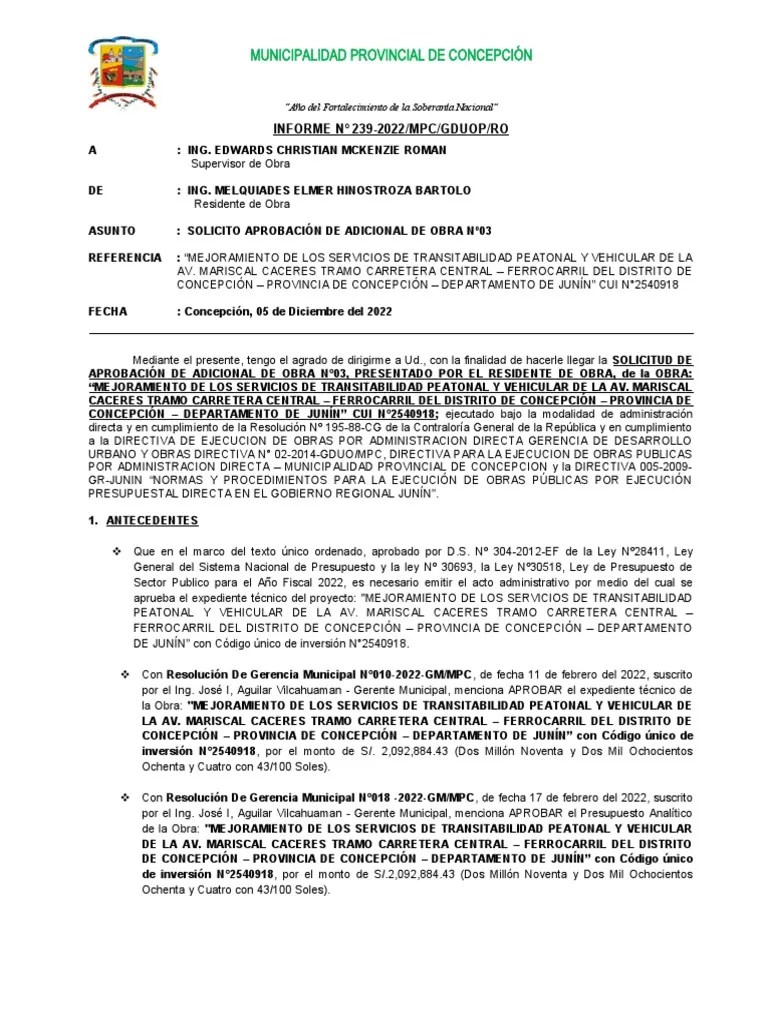 Informe 239 Adicional De Obra #03 | PDF | Presupuesto | Regulación