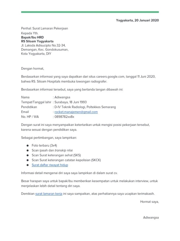 Contoh Surat Lamaran Kerja Di Rumah Sakit Radiografer | PDF