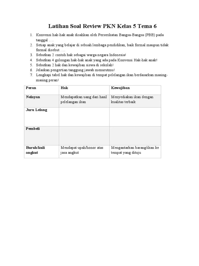 Latihan Soal Review PKN Kelas 5 Tema 6 | PDF