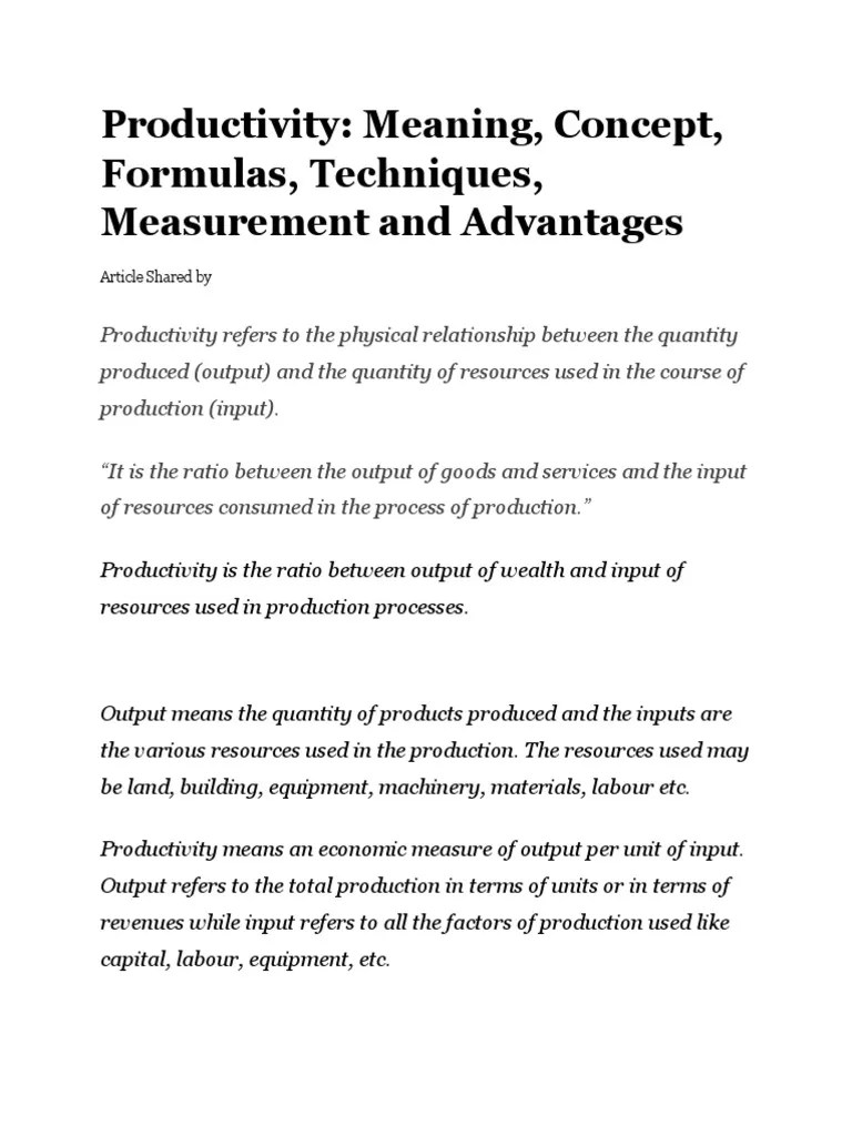 Productivity Meaning, Concept, Formulas, Techniques, Measurement And Advantages | PDF | Factors ...