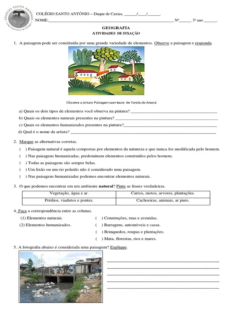 Atividade De Geografia 3°ano | PDF | Paisagem | Natureza