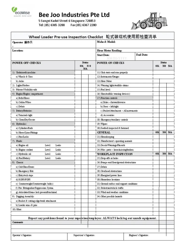 Wheel Loader Checklist Pdf