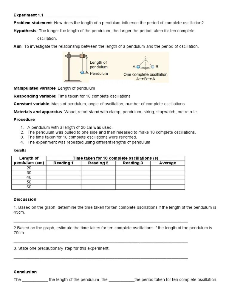 SCIENCE FORM 1 Experiment 1.1 Pendulum | PDF