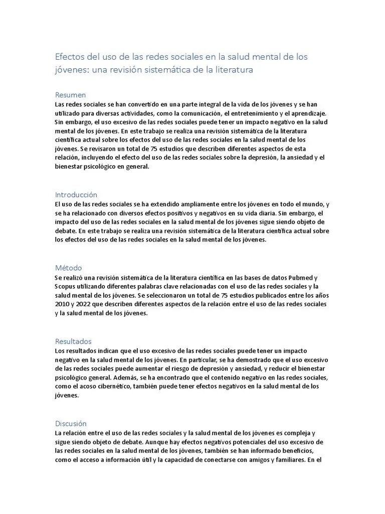 Efectos Del Uso De Las Redes Sociales En La Salud Mental De Los Jóvenes ...