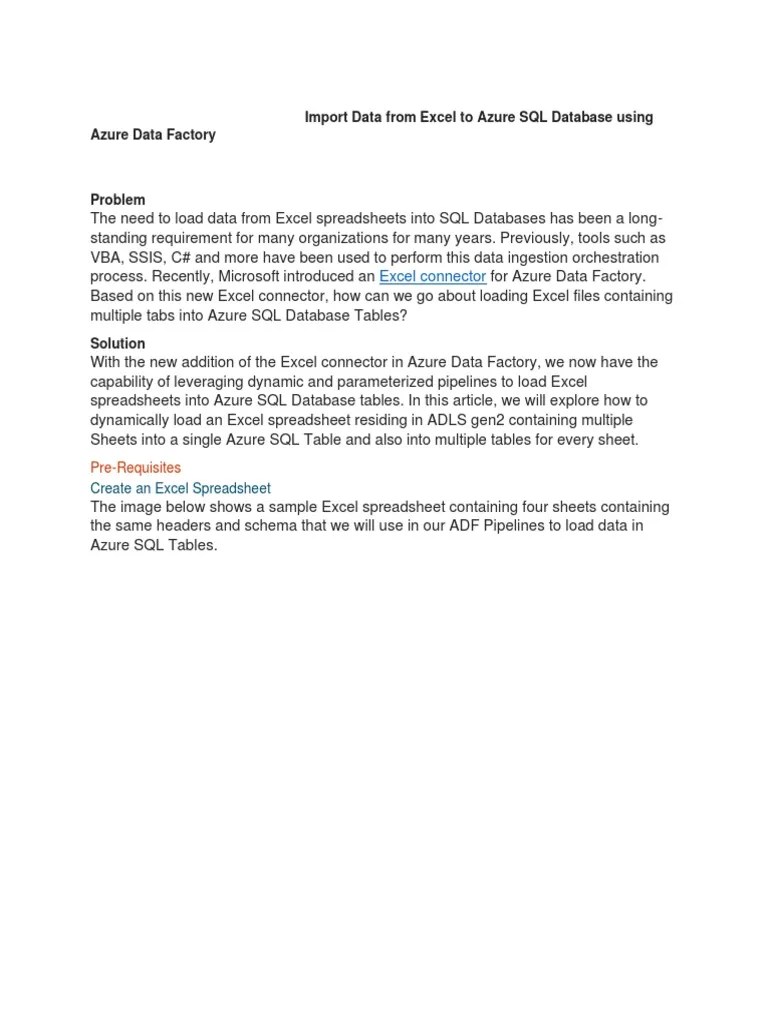 Import Data From Excel To Azure SQL Database Using Azure Data Factory | PDF | Microsoft Excel ...