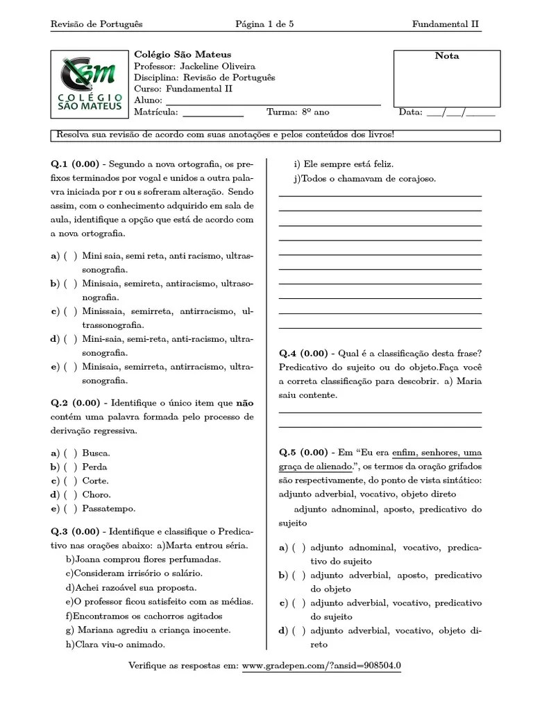 8° Ano Revisão PORTUGUÊS 1° Bimestre | PDF | Assunto (gramática) | Sintaxe