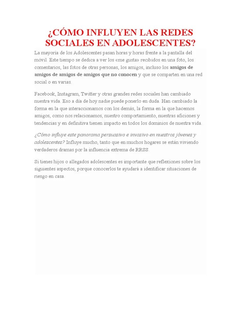 Cómo Influyen Las Redes Sociales En Adolescentes | PDF | Facebook ...