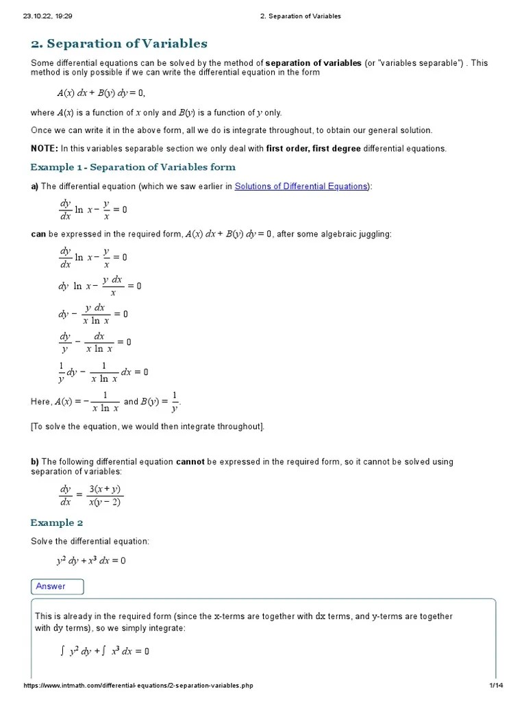 Separation Of Variables | PDF | Equations | Drag (Physics)