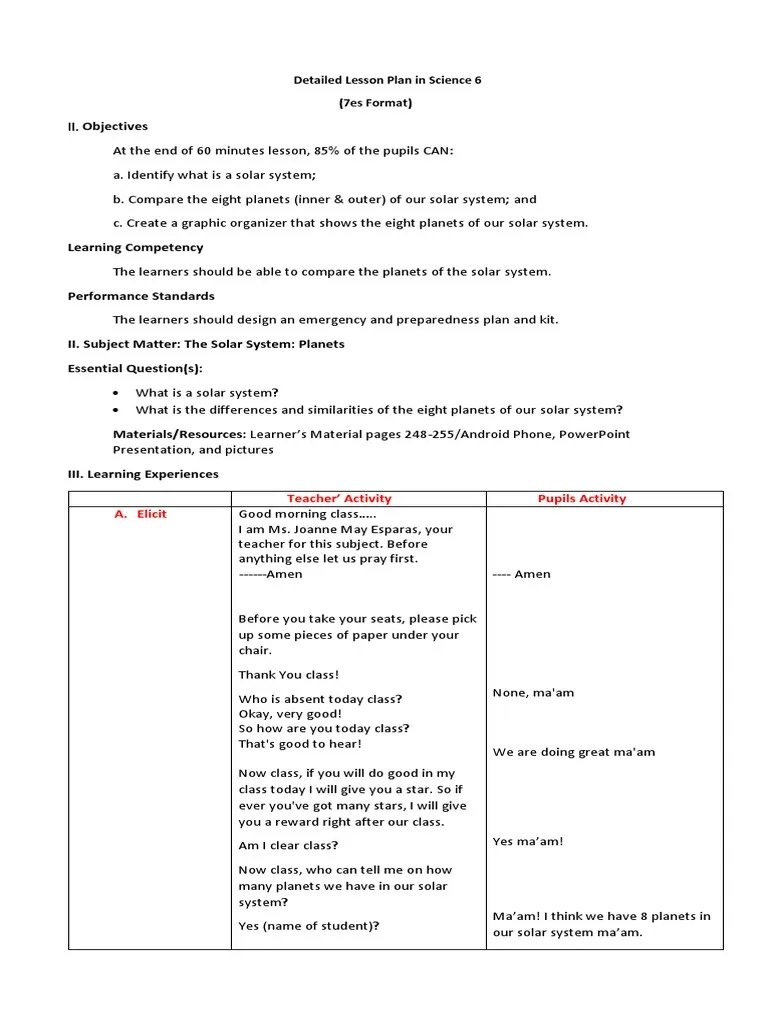Detailed Lesson Plan With 7es In Science 6 | PDF | Planets | Solar System