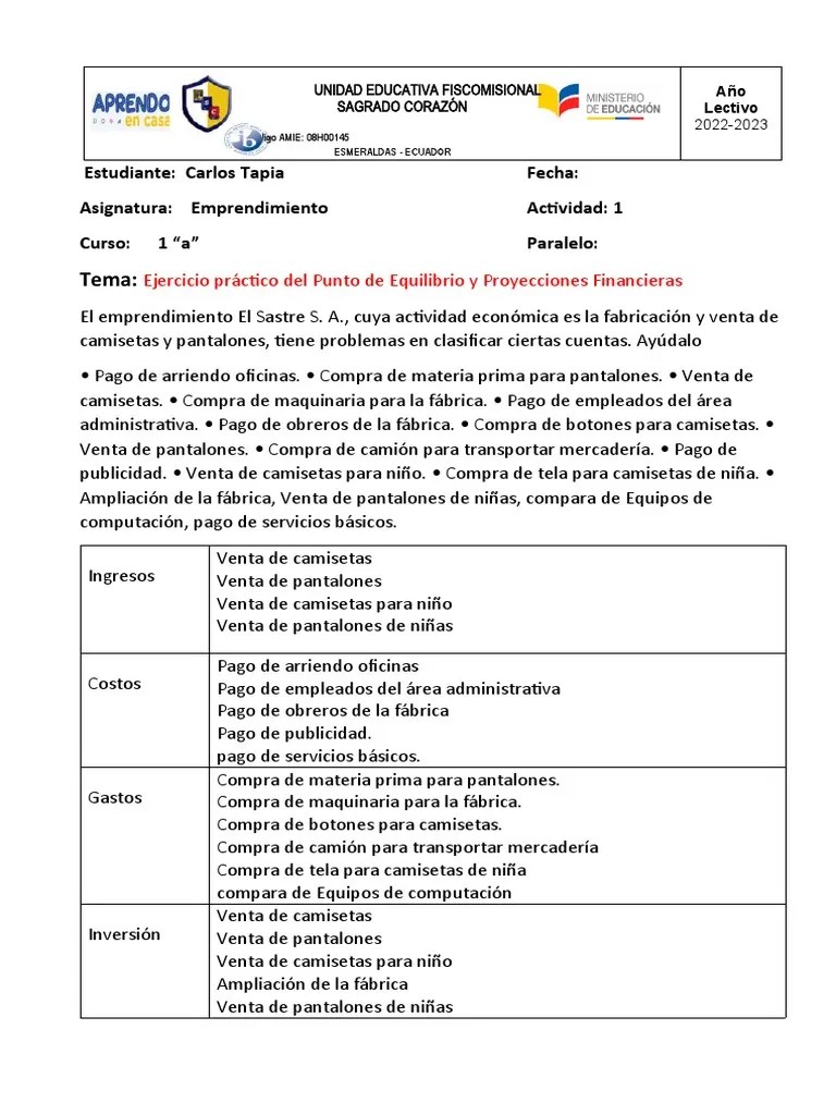 Actividad Ejercicio Punto De Equilibrio 1ro | PDF