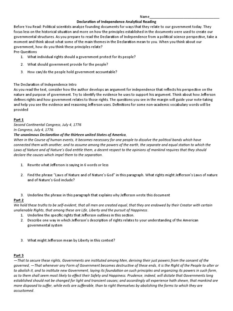 Declaration Of Independence Analytical Reading | PDF