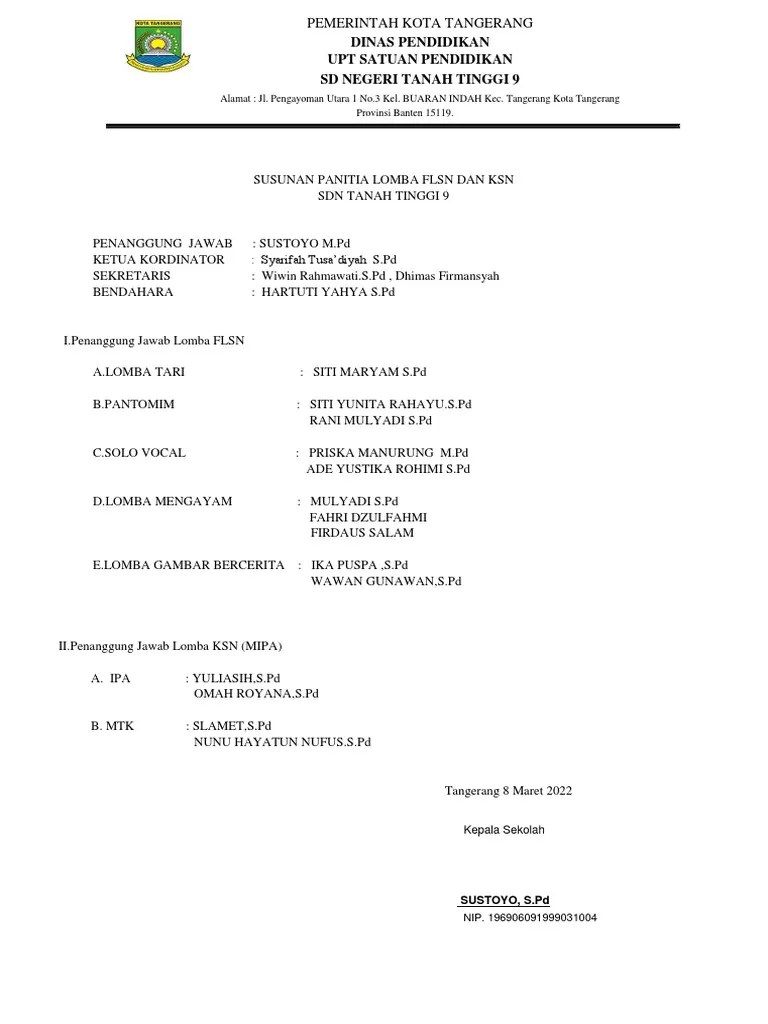 Susunan Panitia Lomba KSN FLSN 2022 PDF | PDF