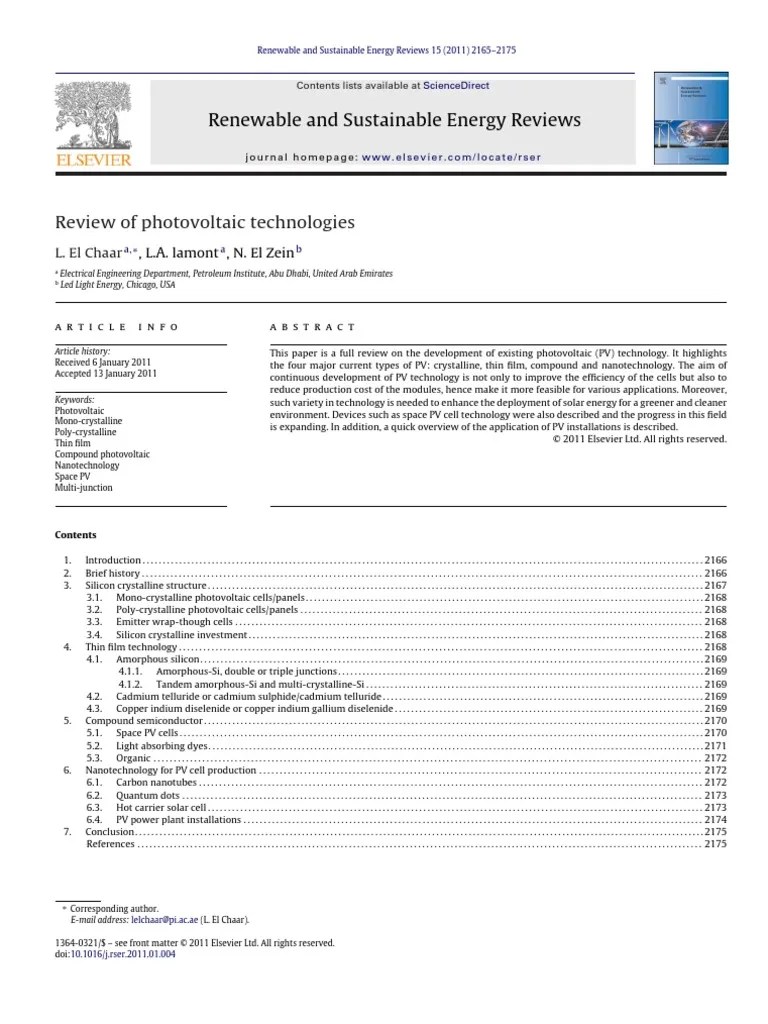 Review Of Photovoltaic Technologies PDF | PDF