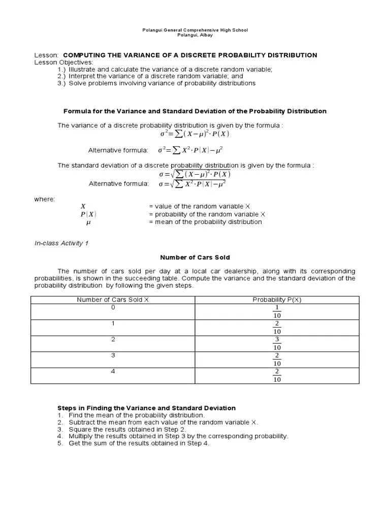 Lesson 4 Computing The Variance Of The Probability Distribution | PDF